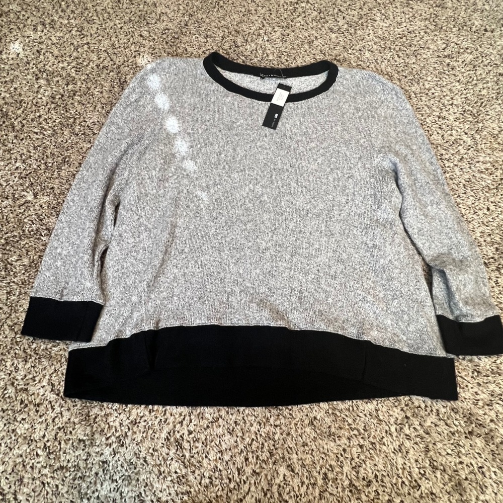 Nally & Millie Womens XL Grey Marled‎ Knit Top Black Contrast Trim N712498 NEW
